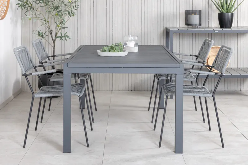 Marbella & Lindos Gartenmöbel Set mit ausziehbarem Tisch und 4 Seilstühlen in Grau, Gestell Schwarz, im Wohnraum, Ansicht 1