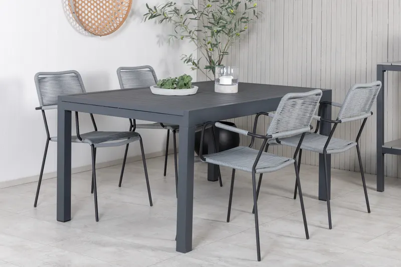 Marbella & Lindos Gartenmöbel Set mit ausziehbarem Tisch und 4 Seilstühlen in Grau, Gestell Schwarz, im Wohnraum, Ansicht 2