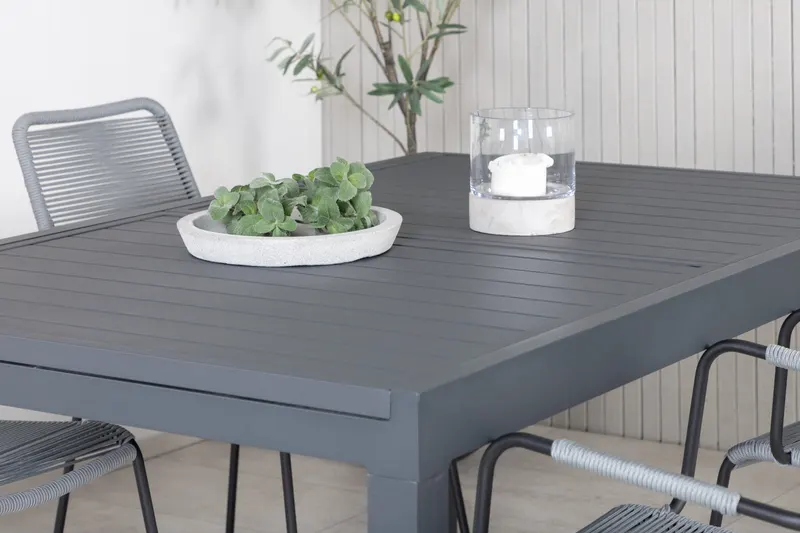 Marbella & Lindos Gartenmöbel Set mit ausziehbarem Tisch und 4 Seilstühlen in Grau, Gestell Schwarz, im Wohnraum, Ansicht 3