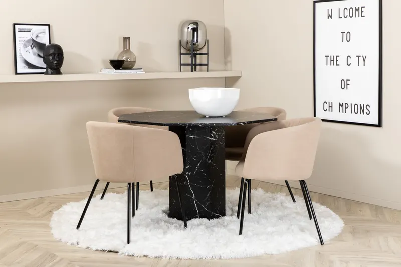 Marbs & Berit Essgruppe mit Esstisch in Marmoroptik und 4 Polsterstühlen in Beige, Gestell Schwarz, im Wohnraum, Ansicht 1