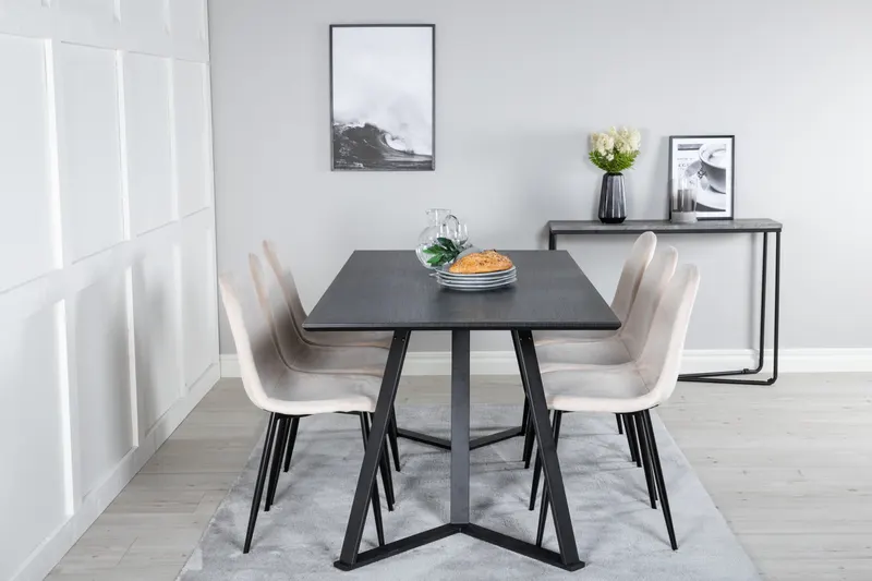 Marina & Polar Essgruppe mit Esstisch und 6 Stühlen in Schwarz, Beige, Gestell Schwarz, im Wohnraum, Ansicht 1