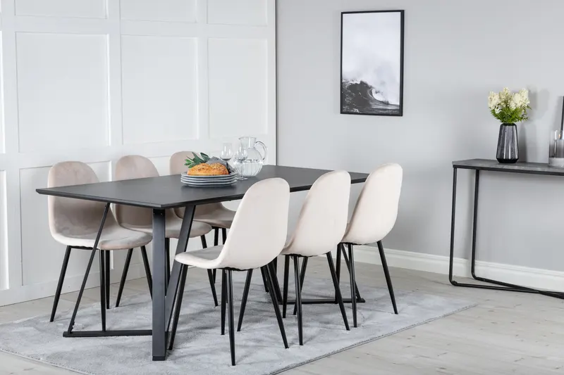 Marina & Polar Essgruppe mit Esstisch und 6 Stühlen in Schwarz, Beige, Gestell Schwarz, im Wohnraum, Ansicht 2