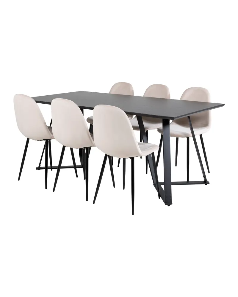 Marina & Polar Essgruppe mit Esstisch und 6 Stühlen in Schwarz, Beige, Gestell Schwarz, Ansicht 2