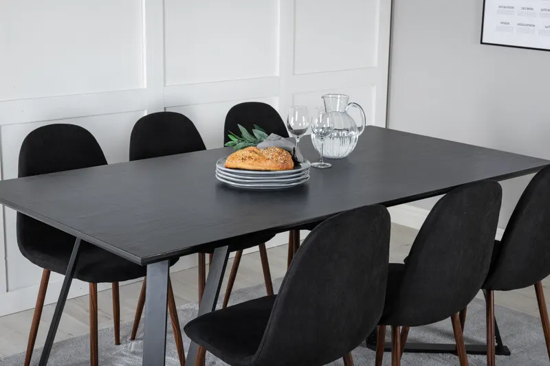 Marina & Polar Essgruppe mit Esstisch und 6 Stühlen in Schwarz, Gestell Walnuss, im Wohnraum, Ansicht 4