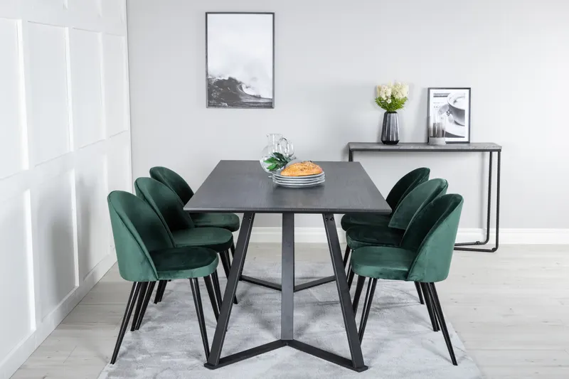 Marina & Velvet Essgruppe mit rechteckigem Esstisch und 6 Polsterstühlen in Schwarz, Grün, Gestell Schwarz, im Wohnraum, Ansicht 1