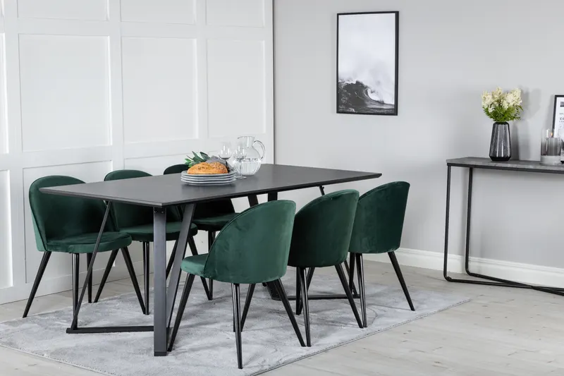 Marina & Velvet Essgruppe mit rechteckigem Esstisch und 6 Polsterstühlen in Schwarz, Grün, Gestell Schwarz, im Wohnraum, Ansicht 2