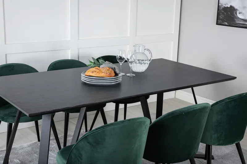 Marina & Velvet Essgruppe mit rechteckigem Esstisch und 6 Polsterstühlen in Schwarz, Grün, Gestell Schwarz, im Wohnraum, Ansicht 4