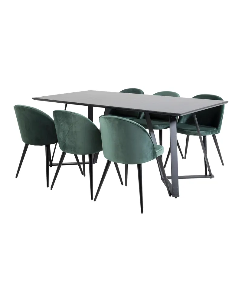 Marina & Velvet Essgruppe mit rechteckigem Esstisch und 6 Polsterstühlen in Schwarz, Grün, Gestell Schwarz, Ansicht 2