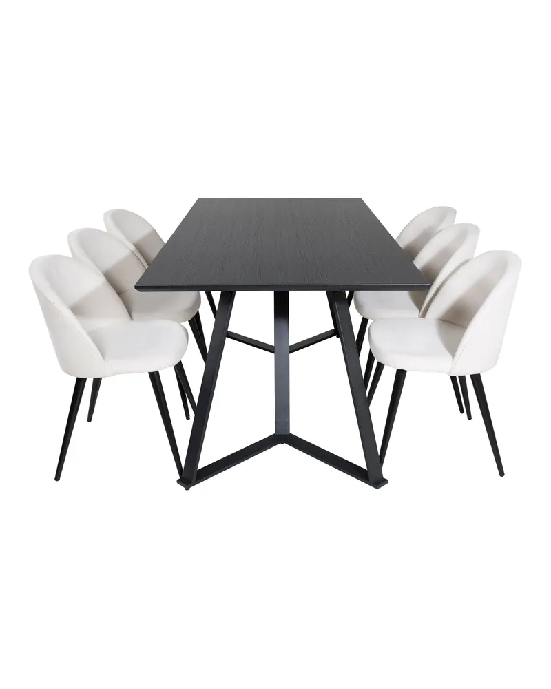 Marina & Velvet Essgruppe mit rechteckigem Esstisch und 6 Polsterstühlen in Schwarz, Beige, Gestell Schwarz, Ansicht 1