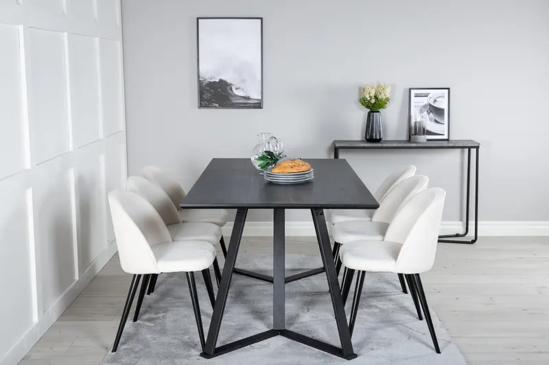 Marina & Velvet Essgruppe mit rechteckigem Esstisch und 6 Polsterstühlen in Schwarz, Beige, Gestell Schwarz, im Wohnraum, Ansicht 1
