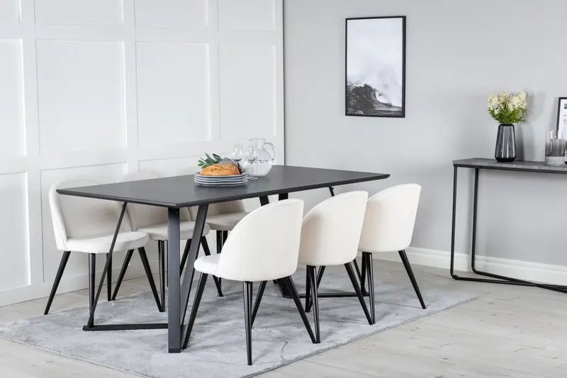Marina & Velvet Essgruppe mit rechteckigem Esstisch und 6 Polsterstühlen in Schwarz, Beige, Gestell Schwarz, im Wohnraum, Ansicht 2