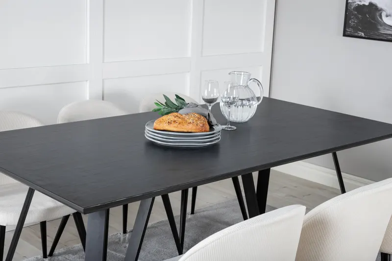 Marina & Velvet Essgruppe mit rechteckigem Esstisch und 6 Polsterstühlen in Schwarz, Beige, Gestell Schwarz, im Wohnraum, Ansicht 4