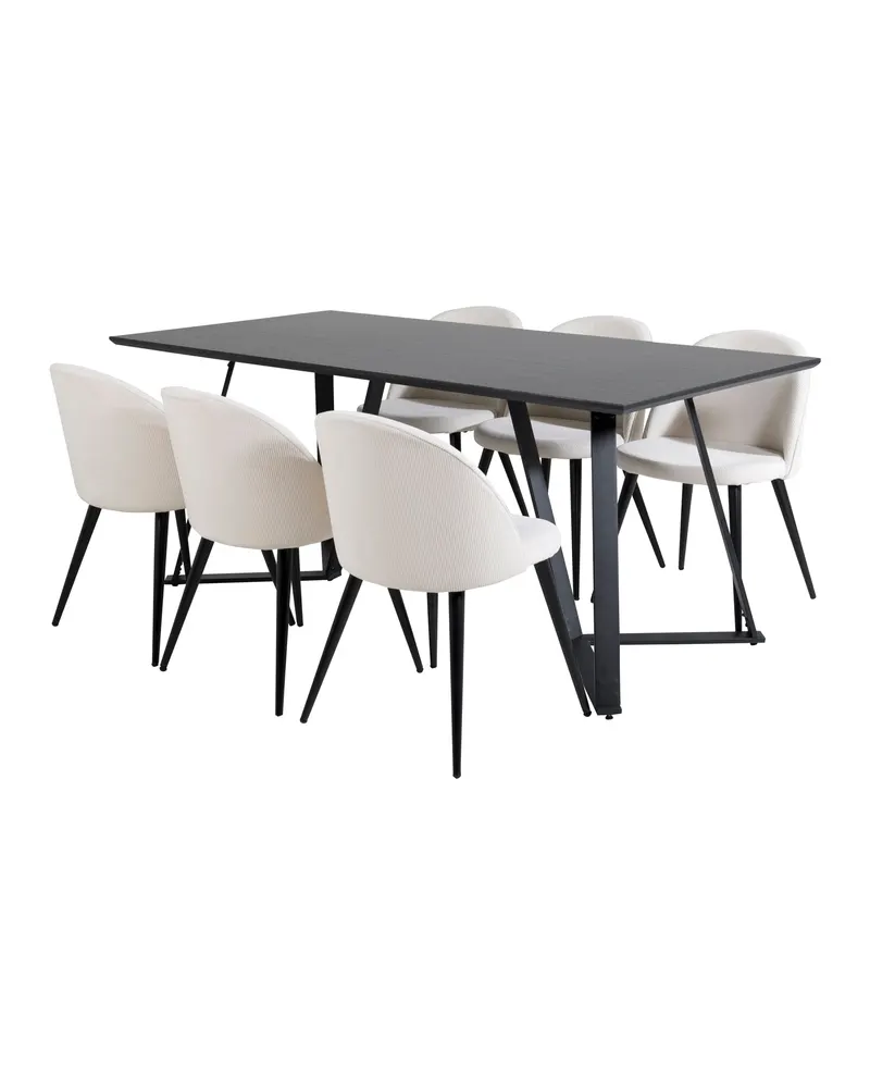 Marina & Velvet Essgruppe mit rechteckigem Esstisch und 6 Polsterstühlen in Schwarz, Beige, Gestell Schwarz, Ansicht 2