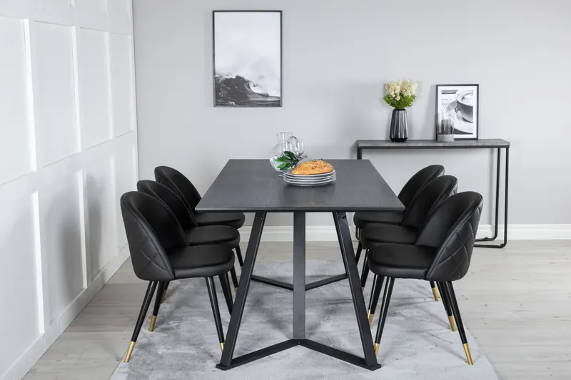 Marina & Velvet Essgruppe mit rechteckigem Esstisch und 6 Polsterstühlen in Schwarz, im Wohnraum, Ansicht 1
