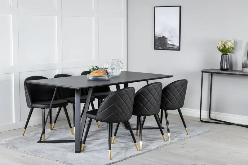 Marina & Velvet Essgruppe mit rechteckigem Esstisch und 6 Polsterstühlen in Schwarz, im Wohnraum, Ansicht 2