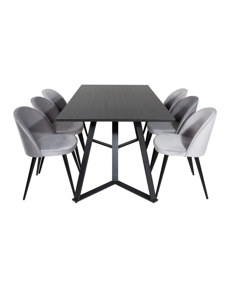 Marina & Velvet Essgruppe mit rechteckigem Esstisch und 6 Polsterstühlen in Schwarz, Grau, Gestell Schwarz, Ansicht 1