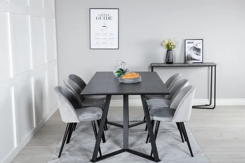 Marina & Velvet Essgruppe mit rechteckigem Esstisch und 6 Polsterstühlen in Schwarz, Grau, Gestell Schwarz, im Wohnraum, Ansicht 1
