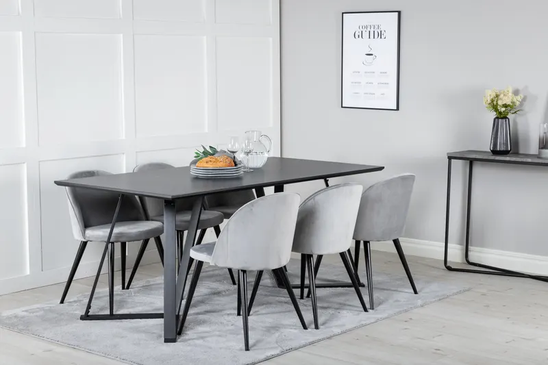 Marina & Velvet Essgruppe mit rechteckigem Esstisch und 6 Polsterstühlen in Schwarz, Grau, Gestell Schwarz, im Wohnraum, Ansicht 2