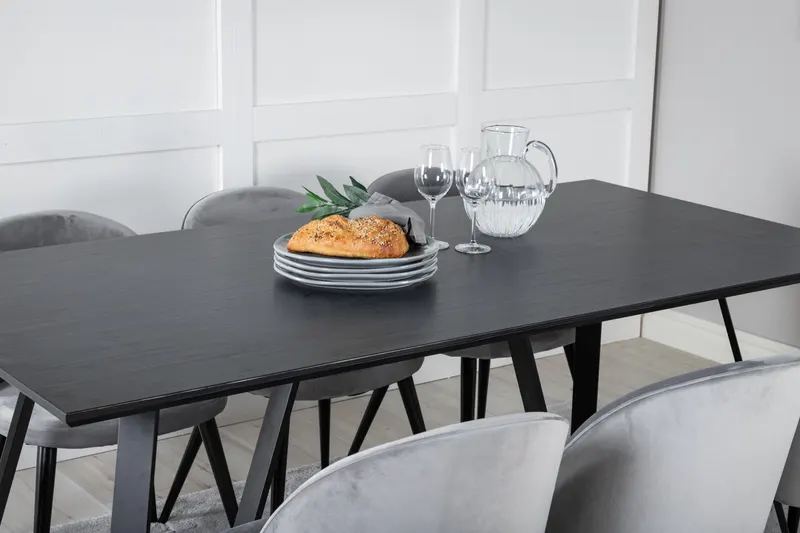 Marina & Velvet Essgruppe mit rechteckigem Esstisch und 6 Polsterstühlen in Schwarz, Grau, Gestell Schwarz, im Wohnraum, Ansicht 4