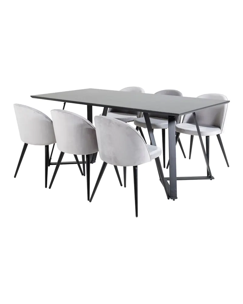 Marina & Velvet Essgruppe mit rechteckigem Esstisch und 6 Polsterstühlen in Schwarz, Grau, Gestell Schwarz, Ansicht 2