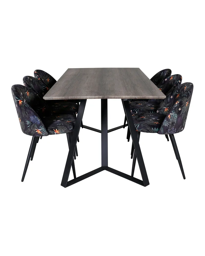 Marina & Velvet Essgruppe mit rechteckigem Esstisch und 6 Polsterstühlen in Grau, Gestell Schwarz, Schwarz mit Blumenmuster, Ansicht 1