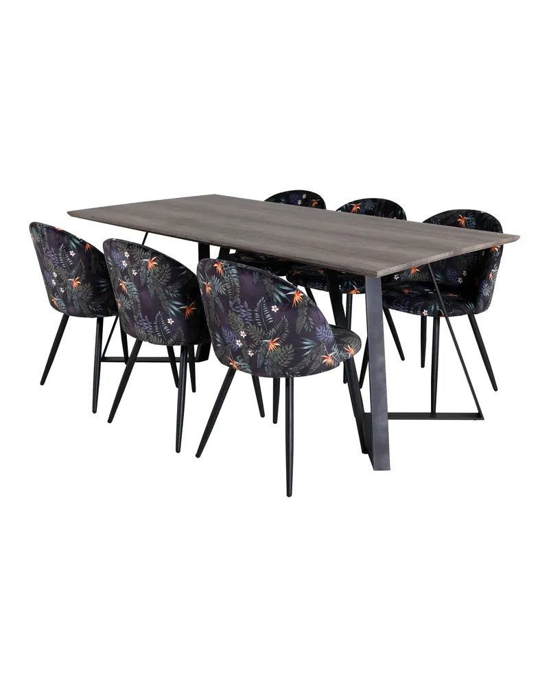 Marina & Velvet Essgruppe mit rechteckigem Esstisch und 6 Polsterstühlen in Grau, Gestell Schwarz, Schwarz mit Blumenmuster, Ansicht 2