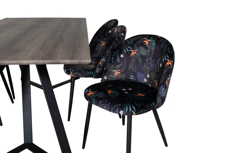 Marina & Velvet Essgruppe mit rechteckigem Esstisch und 6 Polsterstühlen in Grau, Gestell Schwarz, Schwarz mit Blumenmuster, Ansicht 3
