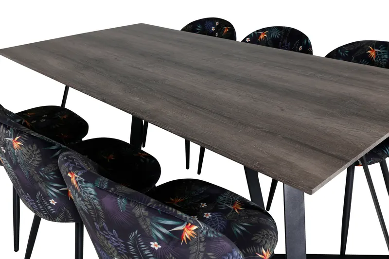 Marina & Velvet Essgruppe mit rechteckigem Esstisch und 6 Polsterstühlen in Grau, Gestell Schwarz, Schwarz mit Blumenmuster, Ansicht 4