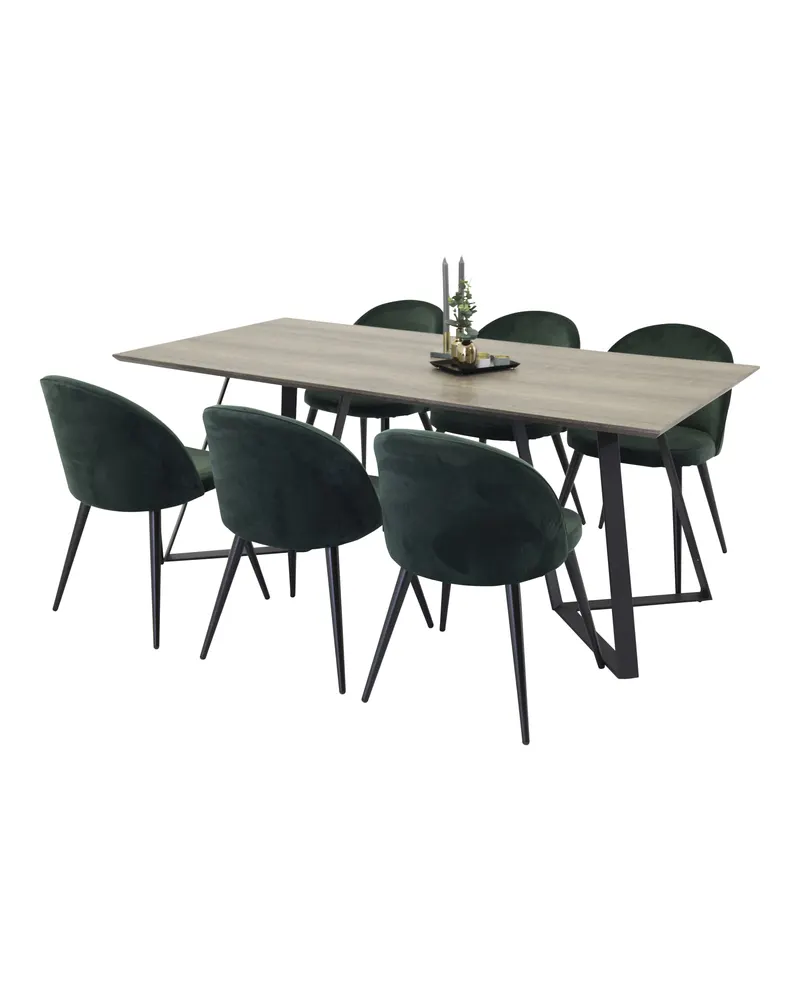 Marina & Velvet Essgruppe mit rechteckigem Esstisch und 6 Polsterstühlen in Grau, Gestell Schwarz, Grün, Ansicht 1