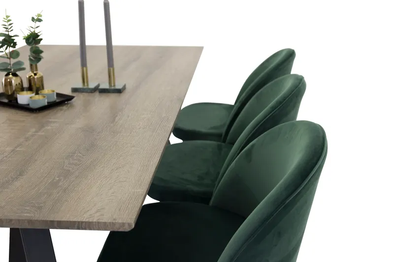 Marina & Velvet Essgruppe mit rechteckigem Esstisch und 6 Polsterstühlen in Grau, Gestell Schwarz, Grün, Ansicht 2