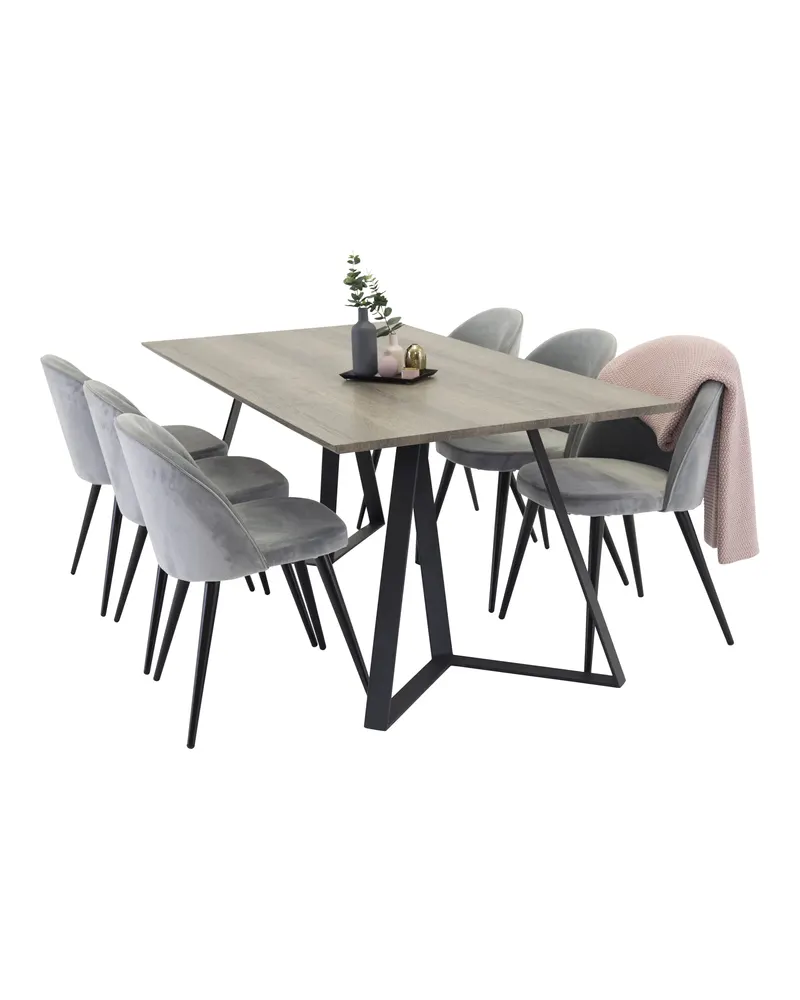 Marina & Velvet Essgruppe mit rechteckigem Esstisch und 6 Polsterstühlen in Grau, Gestell Schwarz, Ansicht 1