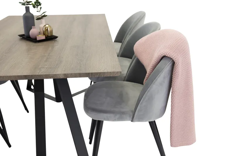 Marina & Velvet Essgruppe mit rechteckigem Esstisch und 6 Polsterstühlen in Grau, Gestell Schwarz, Ansicht 2