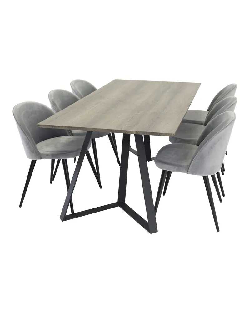 Marina & Velvet Essgruppe mit rechteckigem Esstisch und 6 Polsterstühlen in Grau, Gestell Schwarz, Ansicht 3