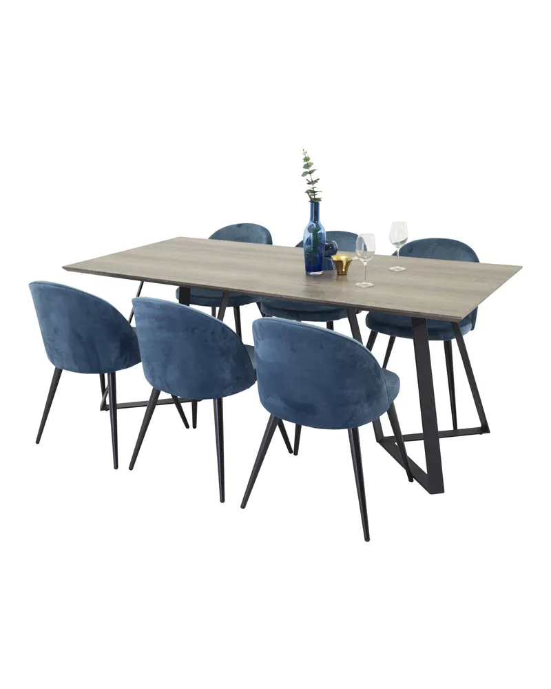 Marina & Velvet Essgruppe mit rechteckigem Esstisch und 6 Polsterstühlen in Grau, Gestell Schwarz, Blau, Ansicht 1