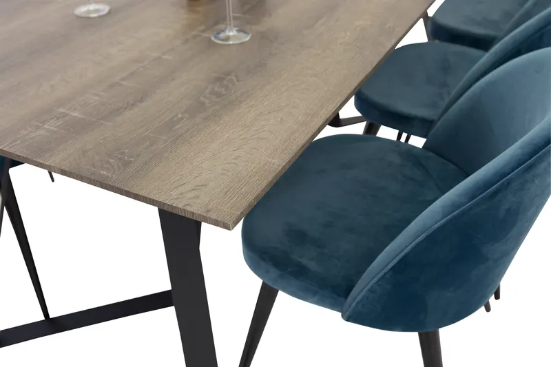 Marina & Velvet Essgruppe mit rechteckigem Esstisch und 6 Polsterstühlen in Grau, Gestell Schwarz, Blau, Ansicht 3