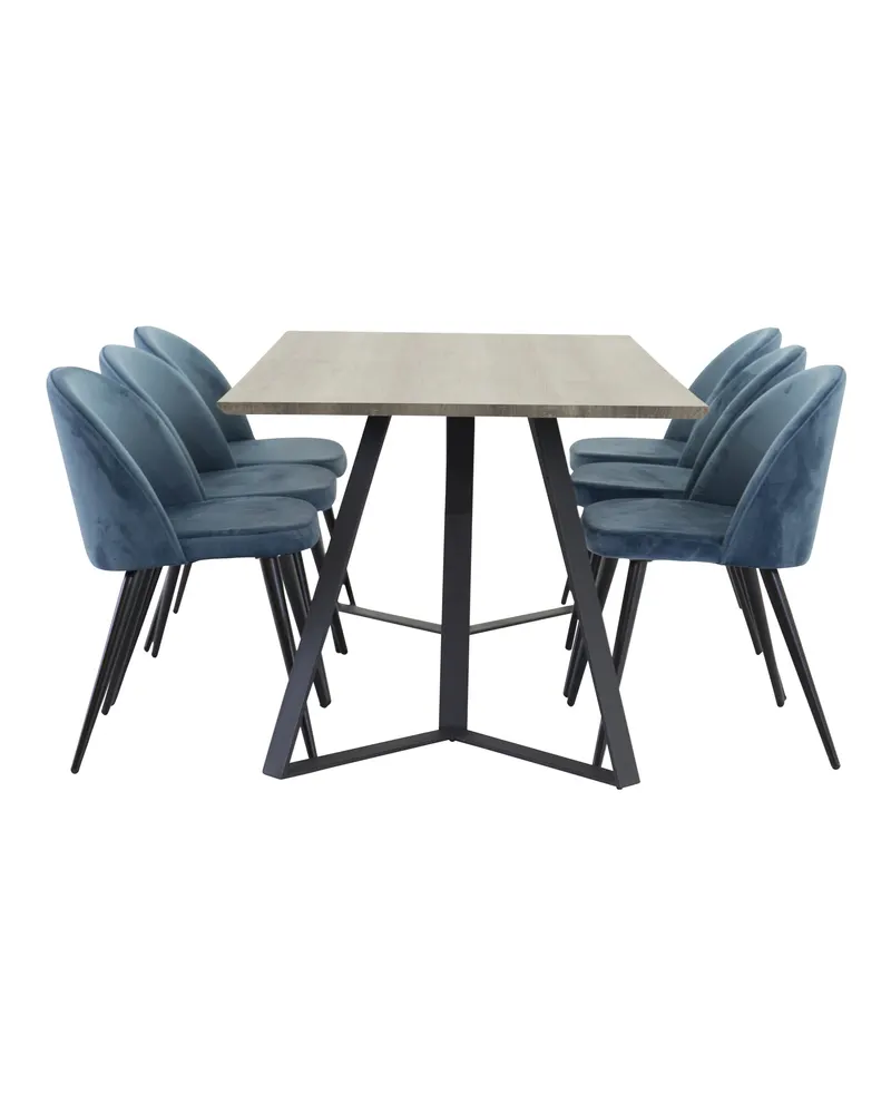 Marina & Velvet Essgruppe mit rechteckigem Esstisch und 6 Polsterstühlen in Grau, Gestell Schwarz, Blau, Ansicht 4
