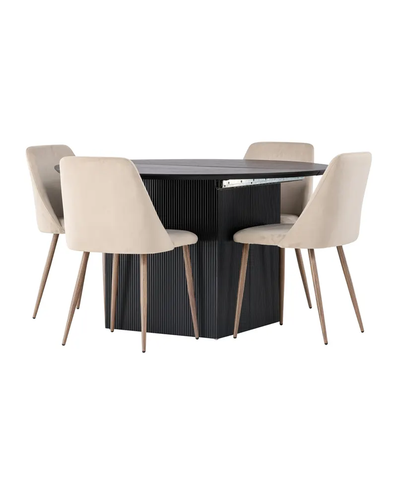 Matilda & Night Essgruppe mit rundem, ausziehbarem Esstisch und 4 Polsterstühlen in Beige, Gestell Walnuss, Ansicht 1