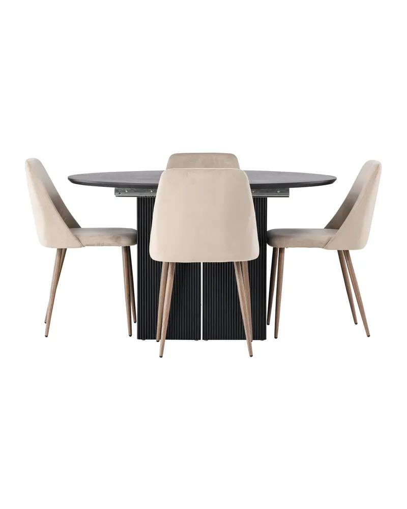 Matilda & Night Essgruppe mit rundem, ausziehbarem Esstisch und 4 Polsterstühlen in Beige, Gestell Walnuss, Ansicht 2
