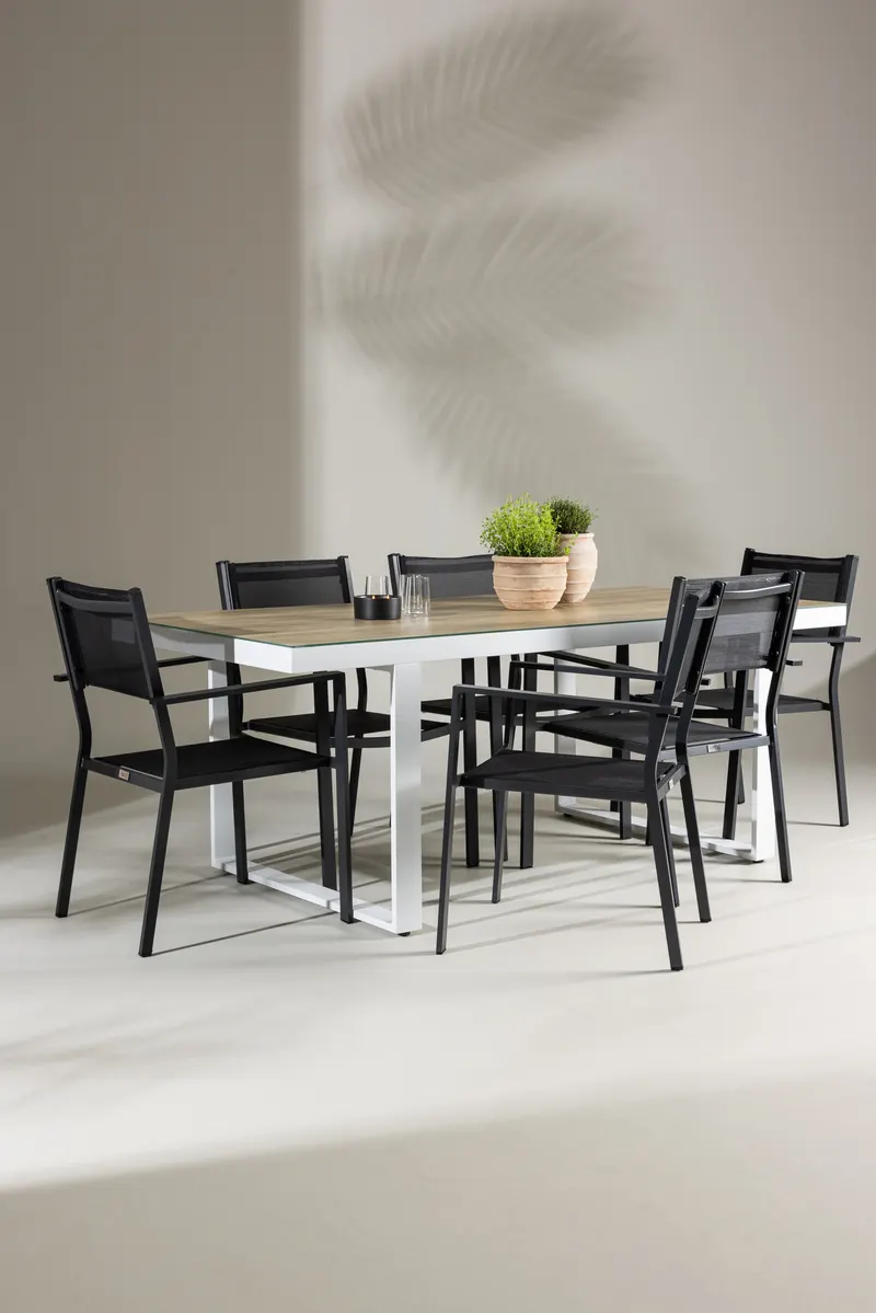 Merlo & Copacabana Gartenmöbel-Set mit weißem Glastisch und 6 Stühlen in Schwarz, im Wohnraum, Ansicht 1