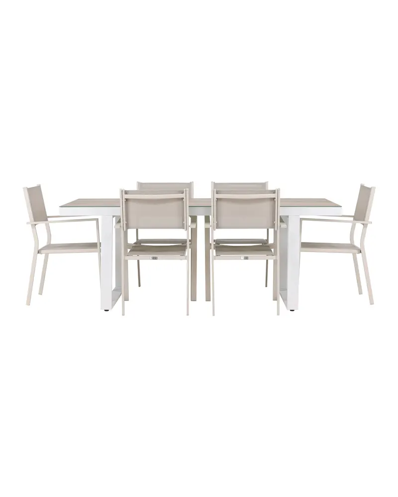 Merlo & Copacabana Gartenmöbel-Set: weißer Glastisch, 6 Stühle, Weiß, Beige