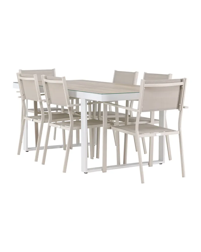 Merlo & Copacabana Gartenmöbel-Set mit weißem Glastisch und 6 Stühlen in Beige, Ansicht 2