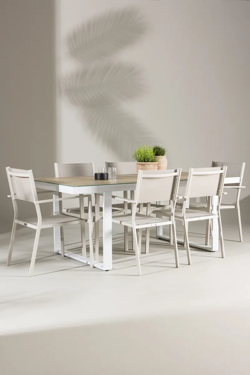 Merlo & Copacabana Gartenmöbel-Set mit weißem Glastisch und 6 Stühlen in Beige, im Wohnraum, Ansicht 1