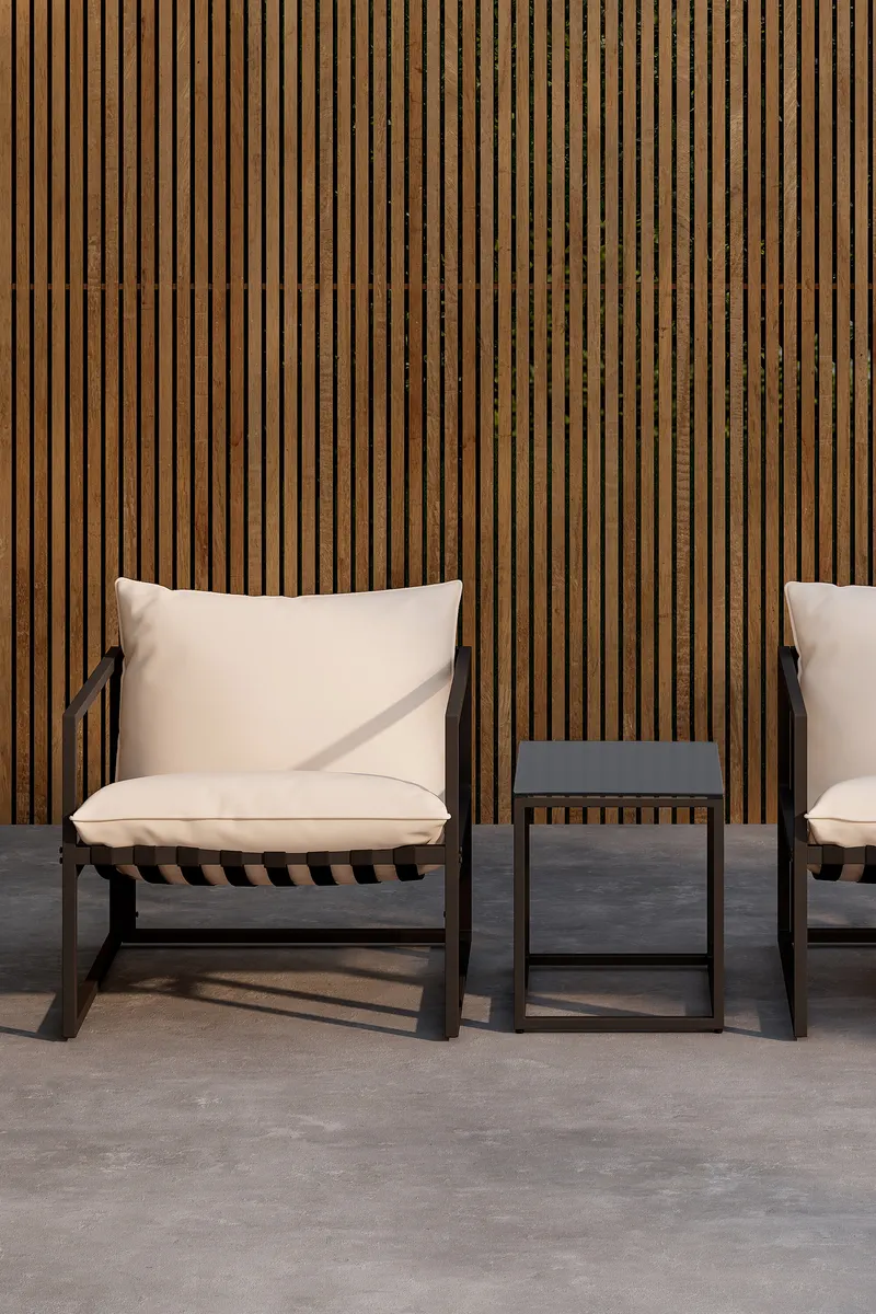 Messina Gartenlounge mit zwei Sesseln und Glastisch in Table:50 × 40 × 45Sofa:75 × 75 × 61 cm, Schwarz, im Wohnraum, Ansicht 2