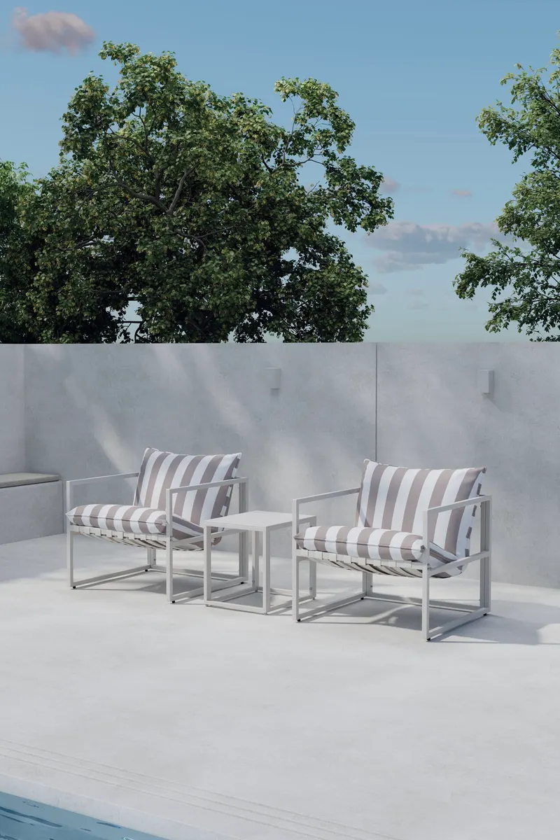 Messina Gartenlounge mit zwei Sesseln und Glastisch in Table: 45 × 50 × 40, Chair: 75 × 75 × 61 cm, Beige, im Wohnraum