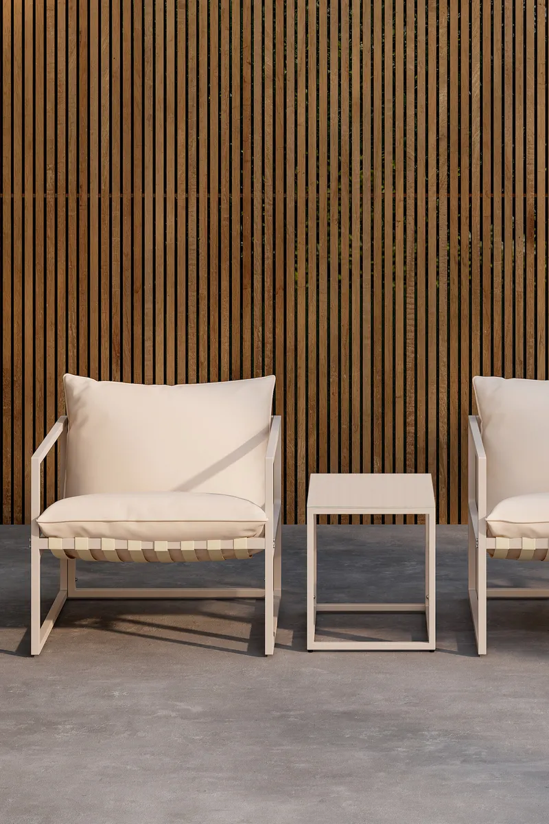 Messina Gartenlounge mit zwei Sesseln und Glastisch in Table:50 × 40 × 45Sofa:75 × 75 × 61 cm, Beige, im Wohnraum, Ansicht 2