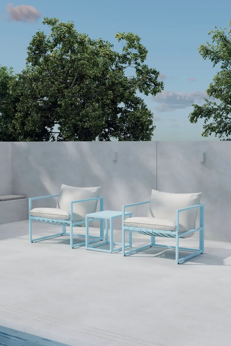 Messina Gartenlounge mit zwei Sesseln und Glastisch in Table: 45 × 50 × 40, Chair: 75 × 75 × 61 cm, Hellblau, im Wohnraum