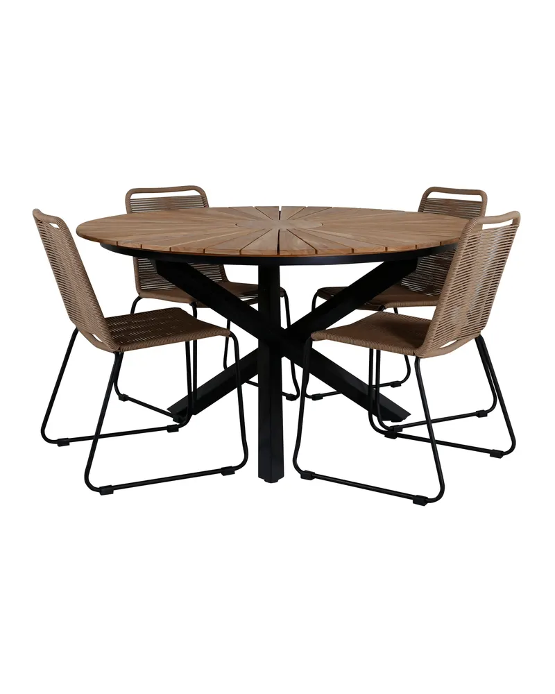 Mexico & Lindos Gartenmöbel-Set rund: Teakplatte Ø 140 cm, 4 Stühle