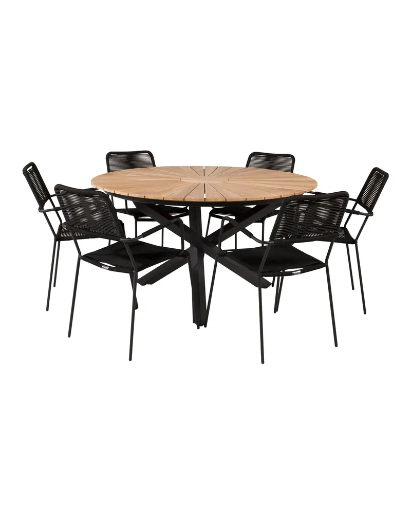Mexico & Lindos Gartenmöbel-Set rund: Teakplatte Ø 140 cm, 6 Stühle