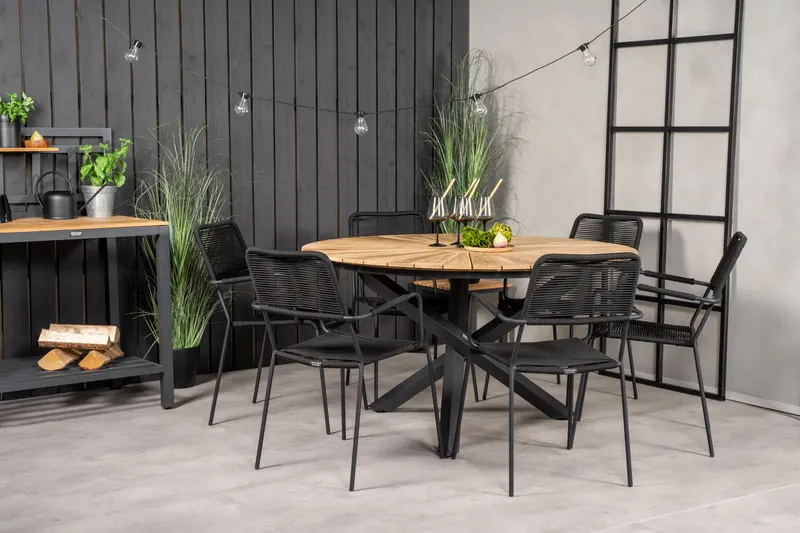 Mexico & Lindos rundes Gartenmöbel-Set mit 6 Stühlen in Schwarz, im Wohnraum, Ansicht 1