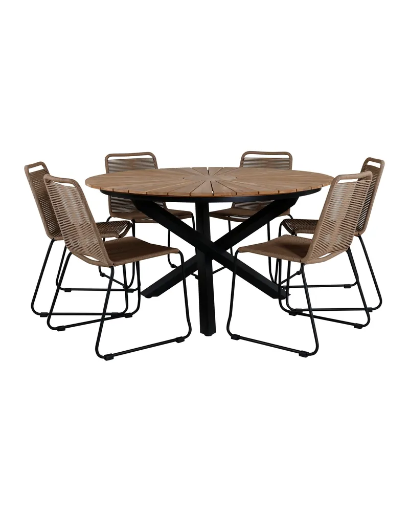 Mexico & Lindos Gartenmöbel-Set rund: Teakplatte Ø 140 cm, 6 Stühle, Natur, Schwarz, Braun